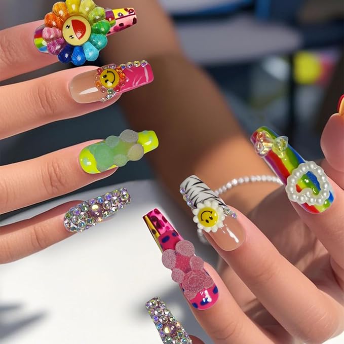 GREENTEA Handmade Rainbow Sunflower Press-On Nails Set, Decorative Rhinestone Design, Colorful Smiley Face Pattern, Size-M