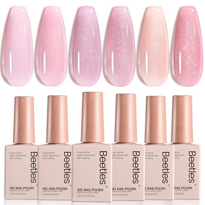 Beetles Pink Glitter Gel Polish Set - 6 Colors Valentine's Day Jelly Gel Polish Kit Shimmer Pink Sheer Translucent Effect Soak off UV Nail Concealer Nail Art Salon Manicure Spring Gift for Women