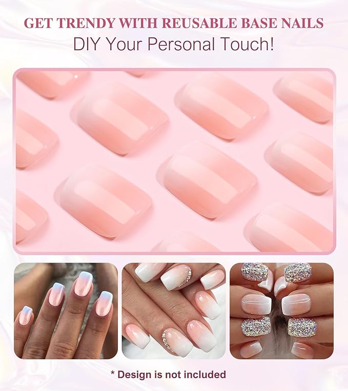 24pcs Short Press On Nails - Ombre Square Stick On, French Glue On with Jelly Sticker, Fake Nails Kit in 12 Sizes
