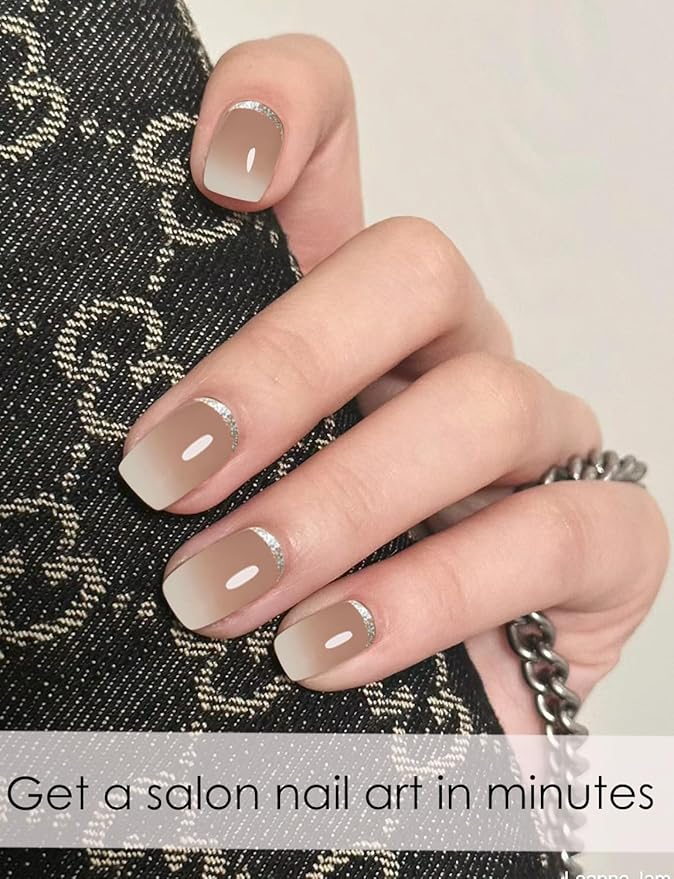 UV Gel Nail Stickers, Brown Ombre Glitter 30pcs Semi Cured Gel Nail Strips, Wraps for Home Manicure DIY