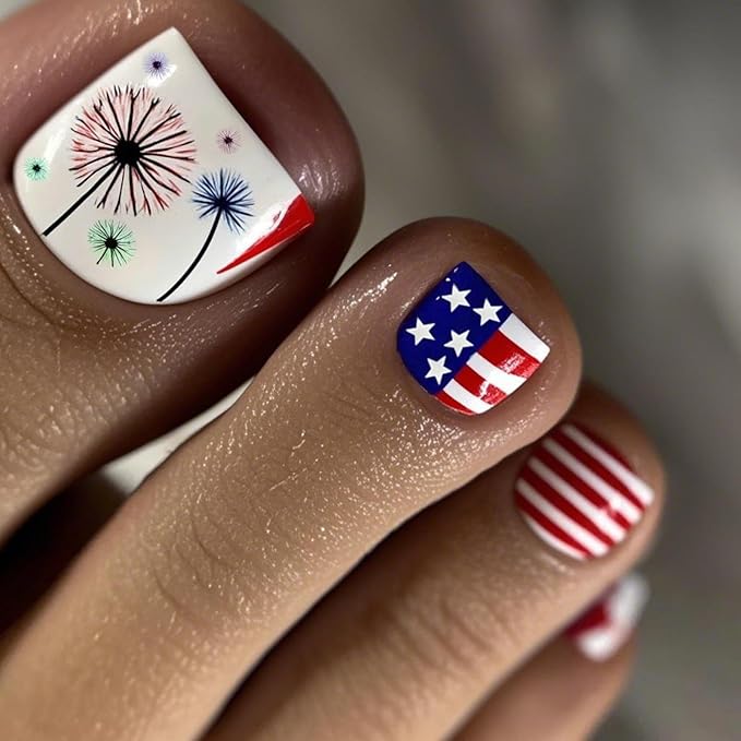 4th of July Press on Toenails Short Square Fake Toenails with Dandelion Design Red Blue USA Flag Toenails Striped False Toenail Glossy Summer Independence Day Toenail for Women Manicure 24Pcs