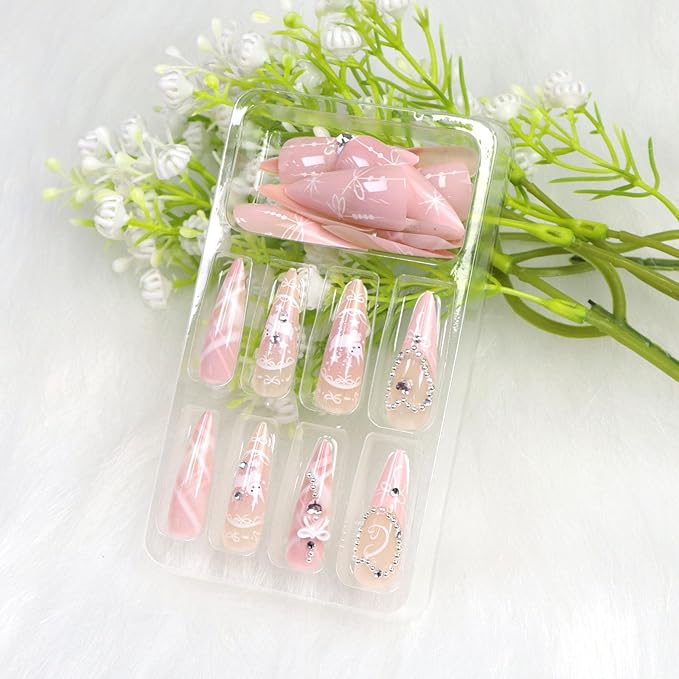 Pink Press on Nails Long Almond Cute Rabbit Bow Heart Rhinestones Fake Nails Press ons Pink French Tip Pearls Glitter Handmade Glue on Nail Acrylic Glossy Stick on Nail for Women Girls 24 Pcs