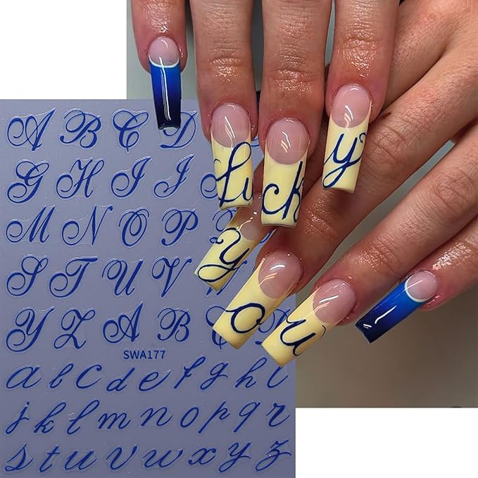 8 Sheets Letter Nail Stickers for Nail Art Retro English Letter Nail Art Stickers 3D Self-Adhesive Red Blue Gold Black Retro English Pattern Old Alphabet Cursive Design Letter Nail Decals for Acrylic