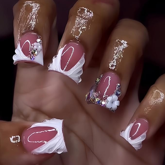 French Tip Press on Nails White Fake Nails Short Nail with Rhinestone Design Flower Glue on Nails Glossy Reusable Artificial Acrylic Full Cover False Nail Duck Stick on Nails for Women Manicure 24Pcs
