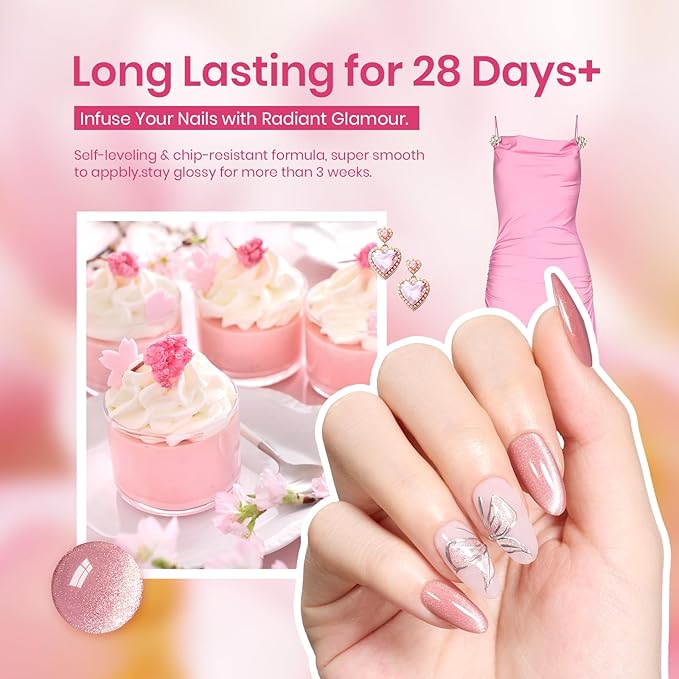 Beetles Pink Cat Eye Gel Nail Polish - 15ML Valentines Gel Polish Light Pink Cat Eye Shimmer Glitter Gel Polish with Magnet Soak Off UV Spring Encounter Nail Art Design Manicure Gifts for Women