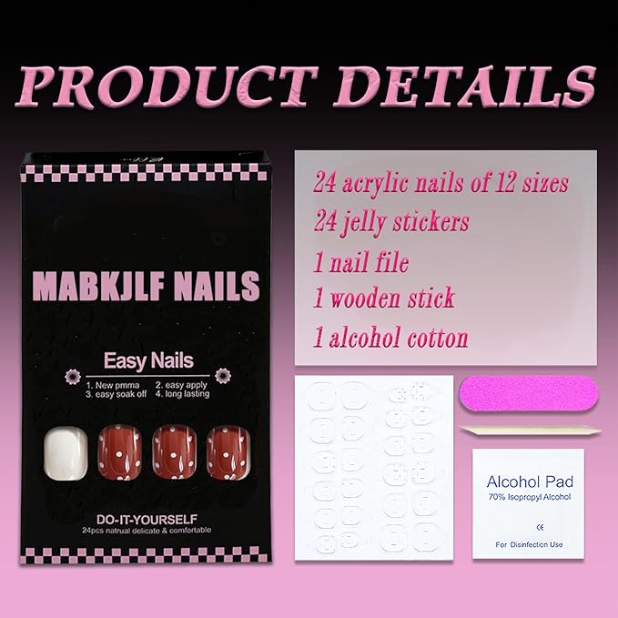 Press on Nails Short Square MABKJLF Fake Nails False Nails with White Polka Dots Designs Glossy Glue on Nail Reusable Full Cover Acrylic Nails for Women Girls 24Pcs
