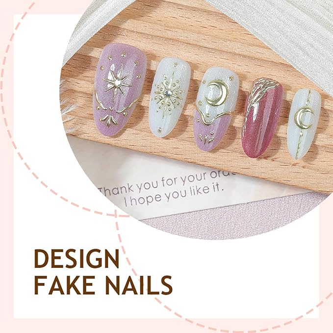 30Pcs Almond Press on Nails Medium French Tip Fake Nails with Moon Star Rhinestone Design Bohemian Artificial Acrylic Nails Full Cover Glitter Pink False Nails 3D Gold Chrome Glue on Nails for Women