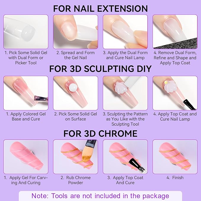 Makartt 3D Gel Nail Art: 4-in-1 Solid Gel Builder Non-sticky for Extension, 2pcs White and Dusty Pink 3D Sculpting Gels, UV Glue for Fake Nails, Rhinestones & Carving Hard Gels for UV/LED Lamp Require