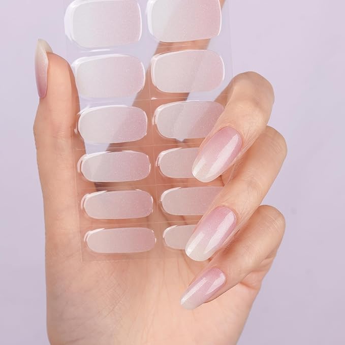 DANNI & TONI Semi Cured Gel Nail Strips Pink White Ombre (Cloud Halo) Shimmer Translucent Gel Nail Wraps 28 Stickers