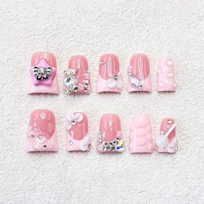 Handmade Duck Press on Nails Short French Nails with Glue,Muti-Layer Gel 3D Flower Art Fake Nails with Luxury Gems Bow Design Light Pink Acrylic Nail Reusable Nature False Nails for Wome (Size S)