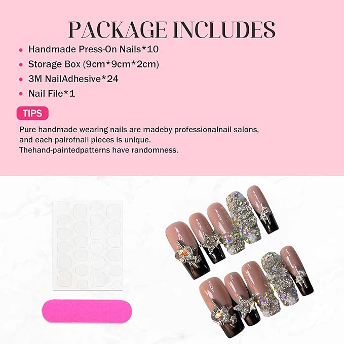 Handmade Press on Nails Long Square Fake Nails Black French Tip False Nails with Glue 3D Luxury Reusable Rhinestone Design Acrylic Nails Press Ons Sparkly Stick on Nail for Women 10Pcs(Size M)