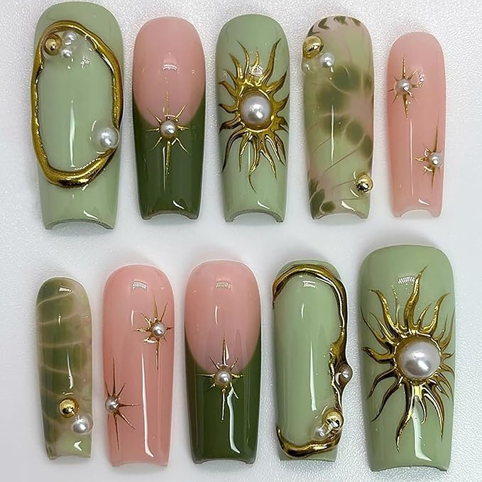 24pcs Green Press on Nails Medium Square French Tip Fake with 3d Gold Star Rhinestones Designs French Tip Artificial Glue on Nails Green Full Cover False Nails Nude Glossy Acrylic Nail decor for Women