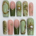 24pcs Green Press on Nails Medium Square French Tip Fake with 3d Gold Star Rhinestones Designs French Tip Artificial Glue on Nails Green Full Cover False Nails Nude Glossy Acrylic Nail decor for Women