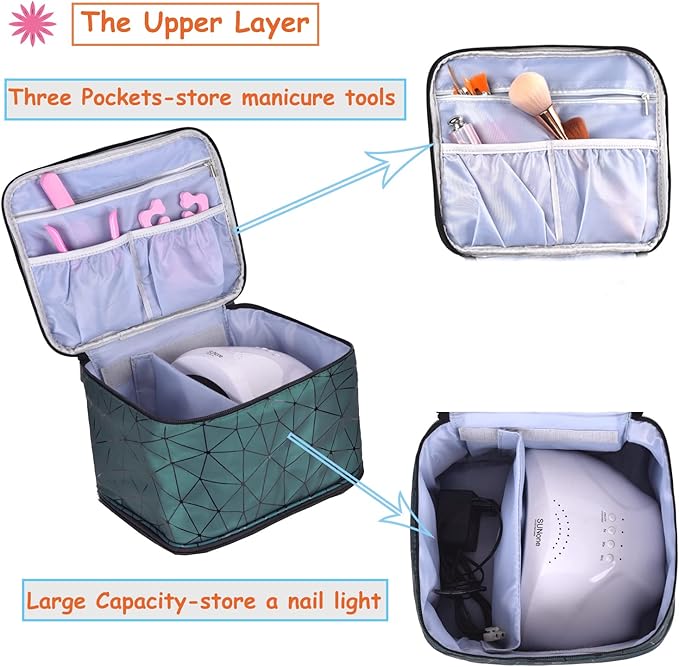 Nail Polish Organizer Holds 30 Bottles (15ml) and 1 Nail Light Nail Polish Carrying Case with Storage Pockets for Manicure Tools Double Layer Nail Storage Travel Bag with Handle (A-Green)