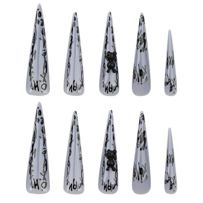 Extra Long Press on Nails Stilitto Long Tip Fake Nails Glossy Full Cover Acrylic False Nails with Designs Glue on Nail Almond Shape Stick on Nails for Women and Girls 24 Pcs