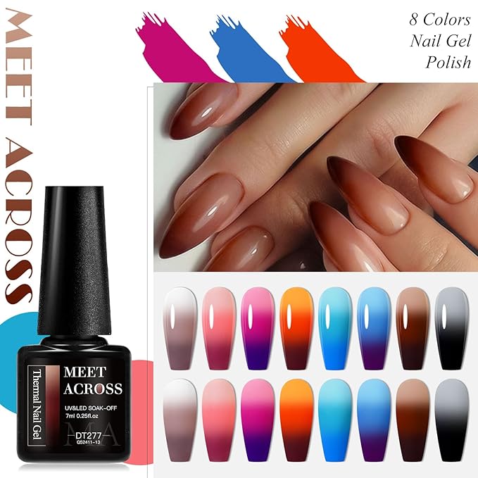 MEET ACROSS Color Changing Gel Nail Polish Set, 8 Pcs Red Orange Blue Coffee Grey Gel Polish Set Temperature Mood Changed Nail Polish Gel Gifts for Women Girl DIY Salon Home Manicure