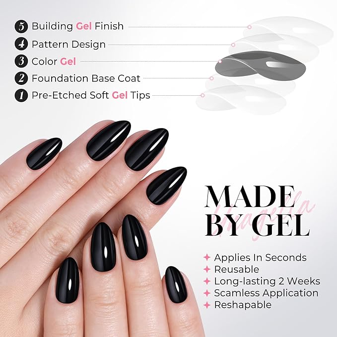 UNA GELLA 32Pcs Soft Gel Press on Nails - 16 Sizes Almond Glue on Nails, Reusable Black Solid Color False Nails, Full Cover Acrylic Nail Kit for Women DIY Home Manicure