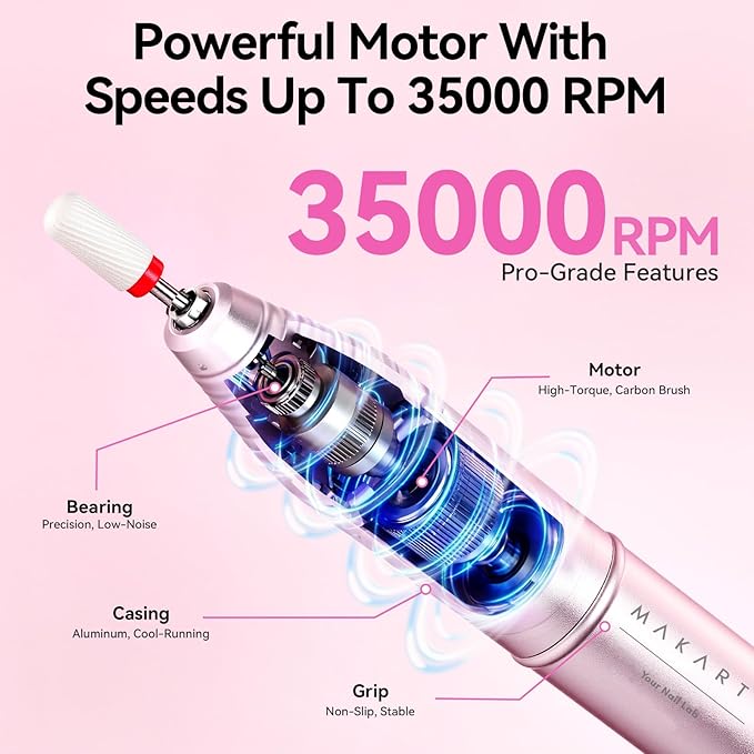 Makartt Electric Nail Drill – Rechargeable 35000 RPM Professional Efile, Cordless Nail Drill Machine Kit & Nail Machine for Acrylic Dip Powder Gel Polish,Quiet Lightweight Portable Tool for Salon Home