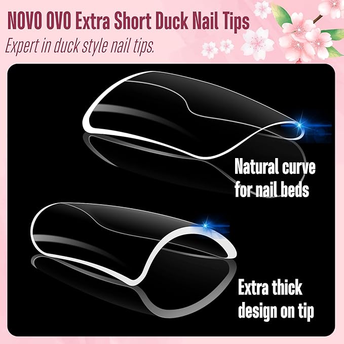 NOVO OVO 240pcs Duck Feet Nail Tips for Small and Medium Hand, Extra Short Full Cover Press On Acrylic, Clear Full Coverage Thick Flare French Soft Gel Fake False Nail Extension x 12 Sizes