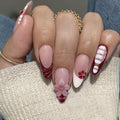 French Tip Press on Nails Medium Almond Fake Nails Flower False Nails with Gold Rhinestones Design Glossy Nails Press Ons White Red Stick on Nail Acrylic Glue on Nail for Women Set 24Pcs