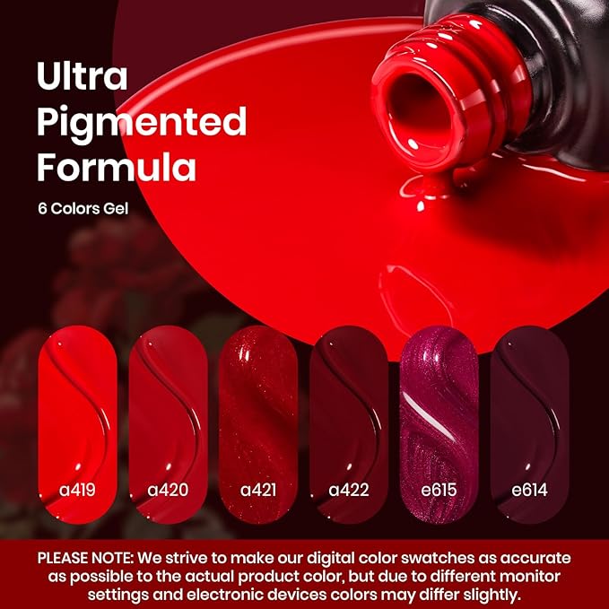 Beetles Red Gel Polish Set - 6 Colors Red Nail Gel Polish Popular Jelly Shimmer Regular Collection Nail Art Design Soak Off Uv LED Nail Kit Minicure DIY Home Salon Spring Gift for Women