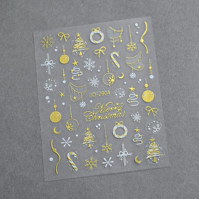 10Sheets Christmas Nail Stickers Embossed Gold Silver Christmas Tree Nail Decals Snowball Bow Elk Nail Supplies