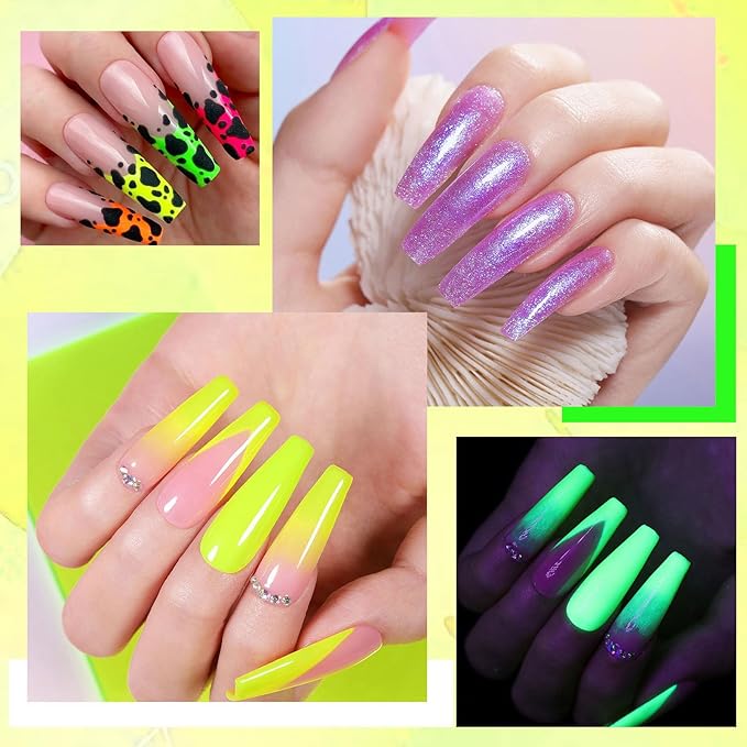 UR SUGAR 12 Colors Neon Glow in The Dark Poly Extension Gel Nail Polish Set, Hot Pink Neon Green Yellow Orange Bright Colors Glow in The Dark Poly Nail Gel Kit Long Lasting Soak Off Gel Polish Gift B
