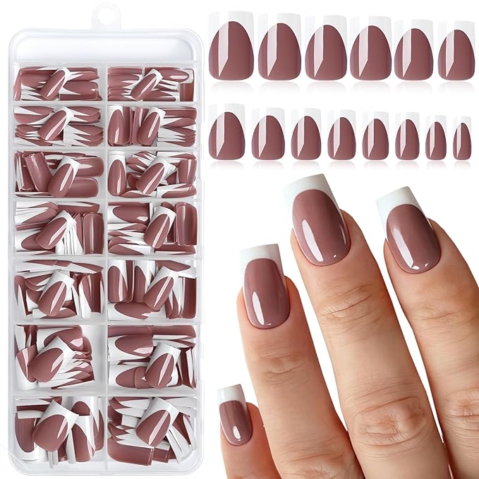 280pc French Tips Press on Nails Medium Square Fake Nail with Glue Tabs, French Tips Glue on Nails Press on Nail Square Acrylic Nails Medium Artificial Fingernails Women Girls Coffee False Nails