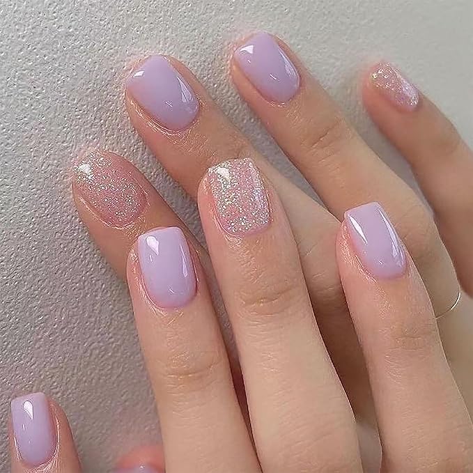 Purple Press on Nails Short Square MABKJLF Fake Nails False Nails with Designs Glitter Solid Colour Full Cover Glossy Glue on Nails Natural Nails Acrylic Nails for Women Girls 24 Pcs