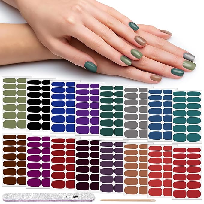 DANNEASY 16 Sheets Solid Color Nail Polish Strips Self Adhesive Nail Stickers Full Nail Wraps Nail Strips for Women Girl Nail Art with 1pc Nail File, Cuticle Stick (Dark Color)