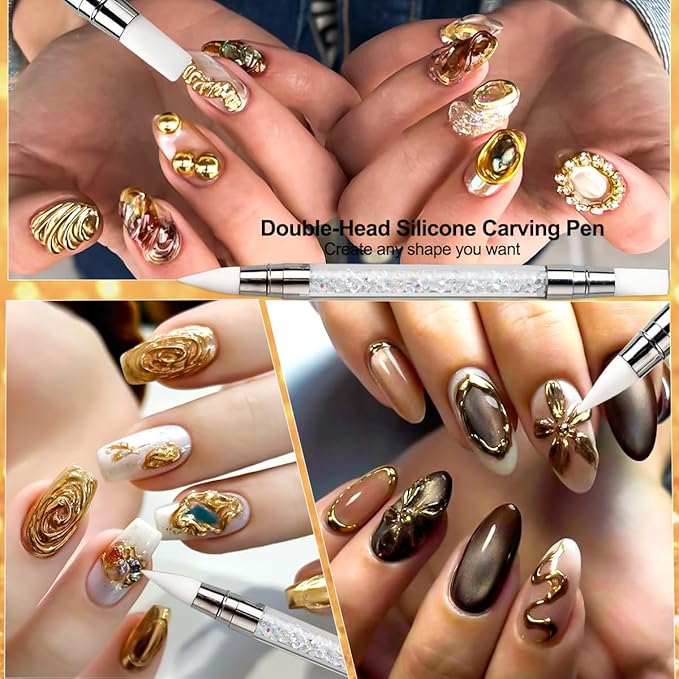 3D Gel Nail Art Kit-Gold Silver Metallic Solid Builder Gel Non-Sticky Hand Sculpting Gels with Silicone Pen for Nail Design Flower Carving Modeling Design