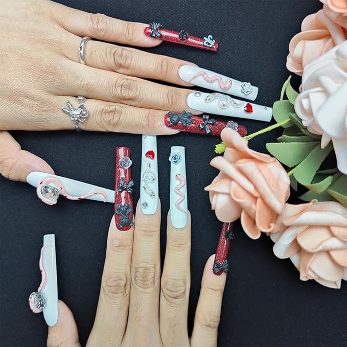 2025 Long Handmade PMMA Acrylic Press-On Nails with Rhinestone Snake Rose Design, Dark Bear Collection Nails, Reusable Fake Nails w/Box, Gift for Women (White & Red, Medium)