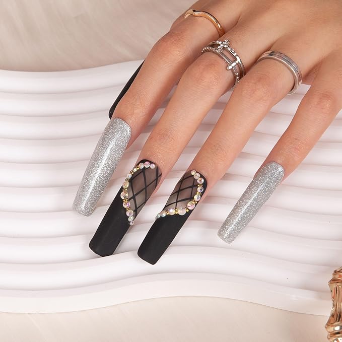 LOVFUL Press on Nails Black Lace| Handmade with Full Covered Crystals| Reusable Fake Nails| Square Mid length 1.7in| H114-S