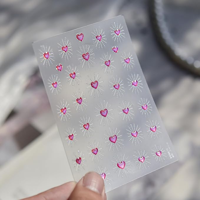Valentines Nail Stickers for Nail Art Pink Heart Nail Art Stickers 5D Embossed Glitter Nail Decals Holiday Nail Design for Women Manicure DIY Decoration Accessories