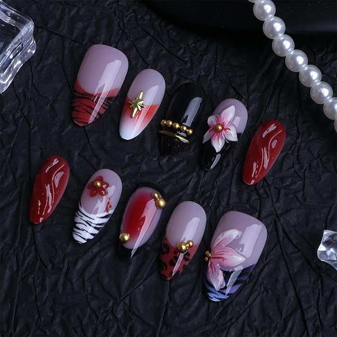 Almond Press on Nails Long Fake Nails Red Artificial Nail Black French Pink Floral and Gold Charm Designs Cute Stick on Nail for Women 24pcs