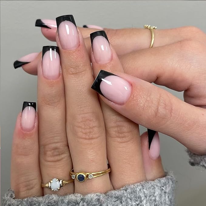 AddFavor French Tip Press on Nails Square Fake Nails, 120pcs Black French Tips Nails Medium Glossy Nude Nails Press on Artificial False Nail Square Stick on Nails with Adhesive Tab for Women Girls