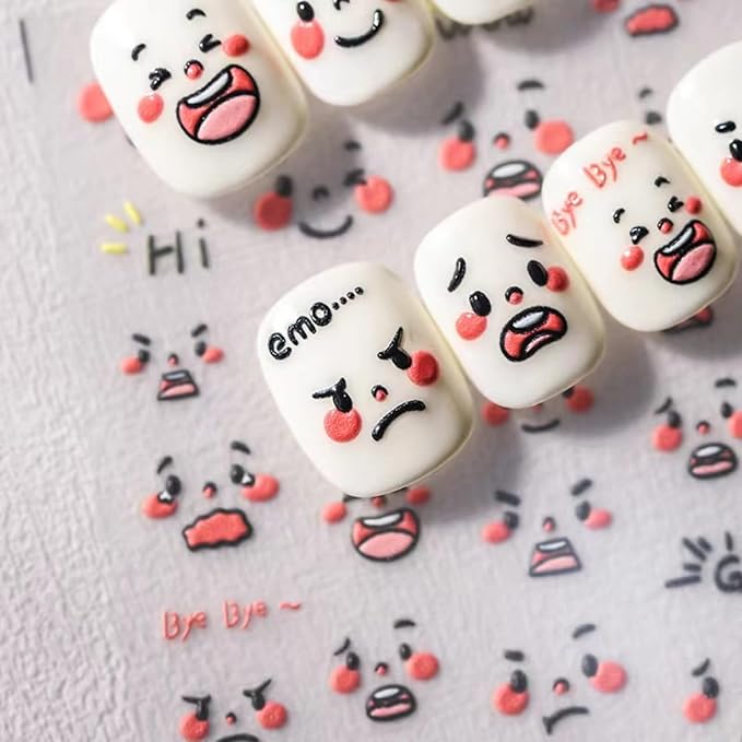Dedyel Smile Nail Art Stickers Cute Nail Stickers Cartoon Nail Stickers 5D Embossed Smile Face Nail Stickers Kawaii Self-Adhesive Nail Stickers for Women Girls Kids Nail Art Decoration