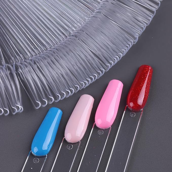 150 Pcs Nail Swatch Sticks with Ring, Clear Coffin Nail Polish Swatch Sticks, Ballerina False Nail Sample, Nail Practice Color Display Board Accessories for Home or Salon Use