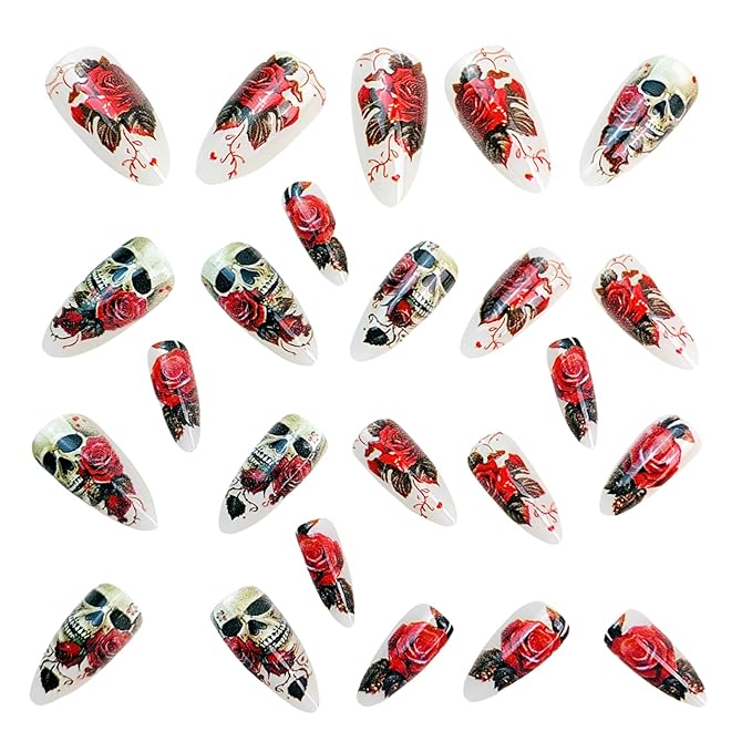 Halloween Press on Nails | Gothic Fake Nails with Rose & Skull Designs,Medium Almond False Nails,Full Cover Glossy Acrylic Nails,Stick on Nail for Women Girls Halloween Nail Art Decor 24Pcs