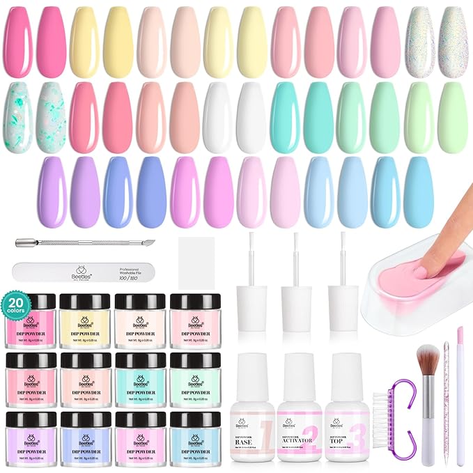Beetles Dip Powder Nail Starter Kit 20 Colors Pastel Nude Blue Pink Glitter 36pcs Dipping Powder Set for Nail Art with Base Top Coat DIY Salon Complete Accessories Dreamy Town Collection