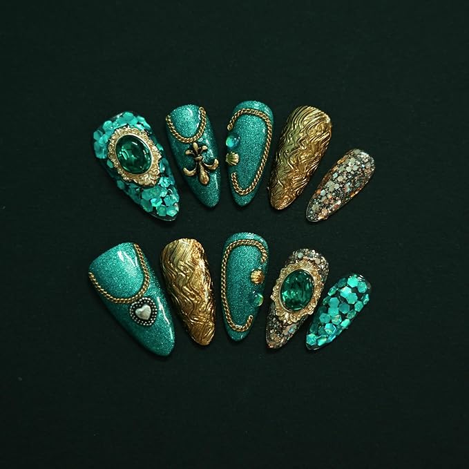 Luxury Vintage Press on Nails Medium Almond, Handmade 3D Gemstone & Glitter Design Green Gold Acrylic Nails, Reusable False Nails (Exotic Flair,M)