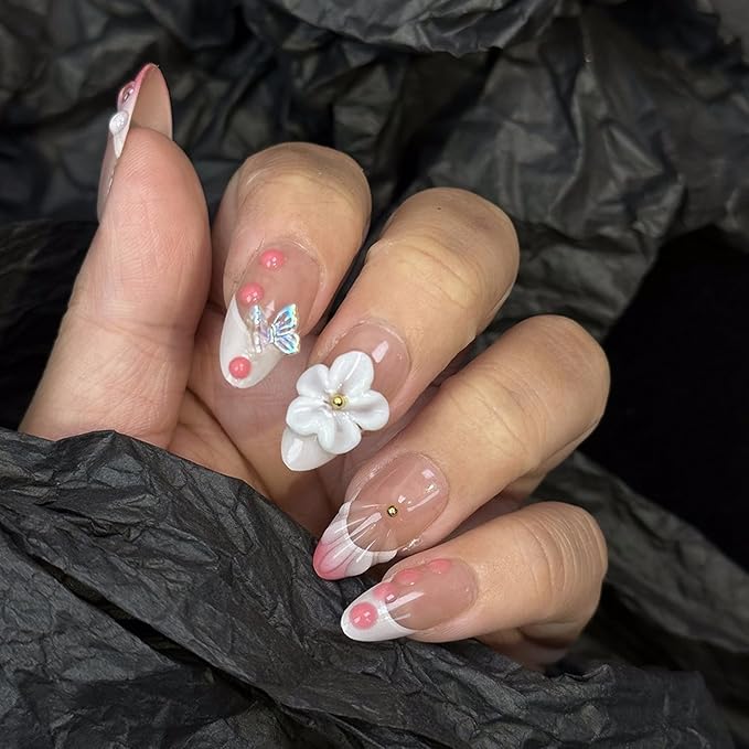 Flower Press on Nails Medium Almond Handmade Fake Nails Pink White Gradient French Tip Acrylic Nails Thick and Muti-Layer Gel False Nails 3D Floral Butterfly Design Nails DIY Art for Women (Size S)