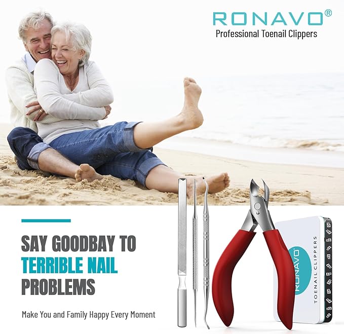 Toenail Clippers for Thick Nails for Seniors - Heavy Duty Toe Nail Clippers Kit with Long Handle for Men & Elderly with Inflexible Joints, Professional Nail Clippers Kit for Thickened Toenails (Red)