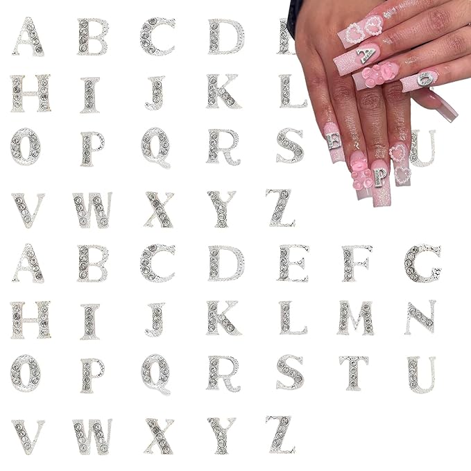 52 Pcs 3D Silver Nail Charms Letters Initial Charms for Nails Nail Letter Charms Alphabet Rhinestone Letter Nail Charms for Nail Art Design Decoration DIY Craft