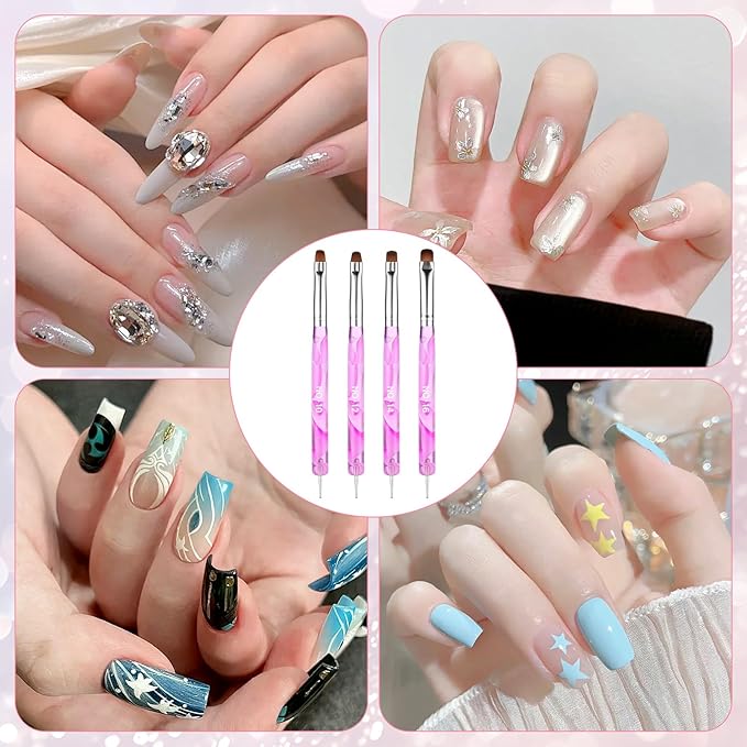 4 Pcs Acrylic French Gel Nail Art Brushes, Two Way Manicure Brush with Dotting Tool Double Ended Nails Gel Liner Brush for Manicure Cuticle Clean up Detailed Designs (10#, 12#, 14#, 16#)