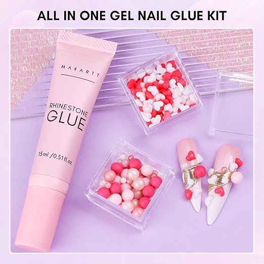 Makartt Nail Charms Rhinestone Glue Kit: 15ML Gel with 3D Heart Charm and Ball Decor for Nails Art Design DIY Acrylic Supply for Techs Decorations Gift Set