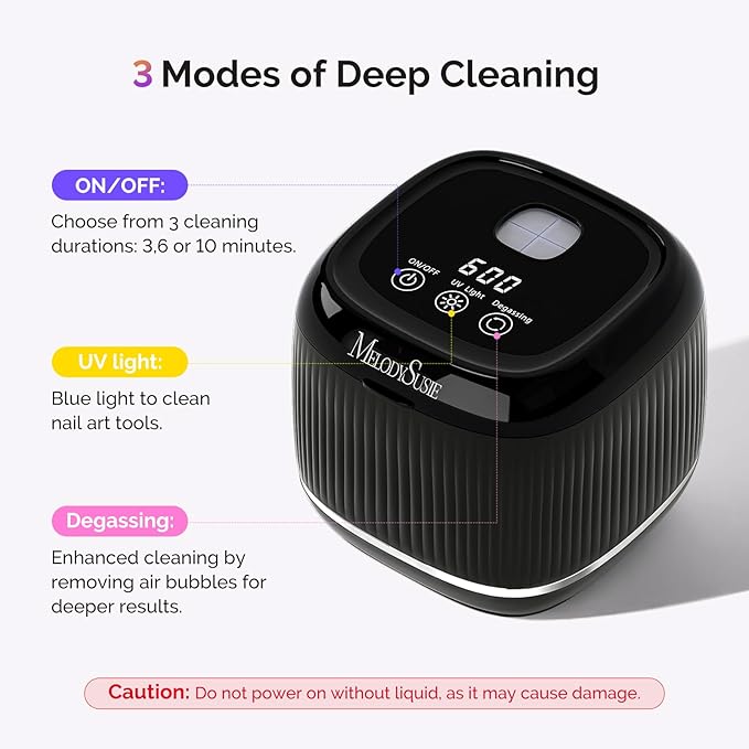MelodySusie 2 in 1 Nail Tool Cleaning Machine, 3 Timers Mode for Nail Drill Bits, Nail Art Brush, Nail Clipper, Jewelry Cleaning, Salon & Home Use,Black,DL-160