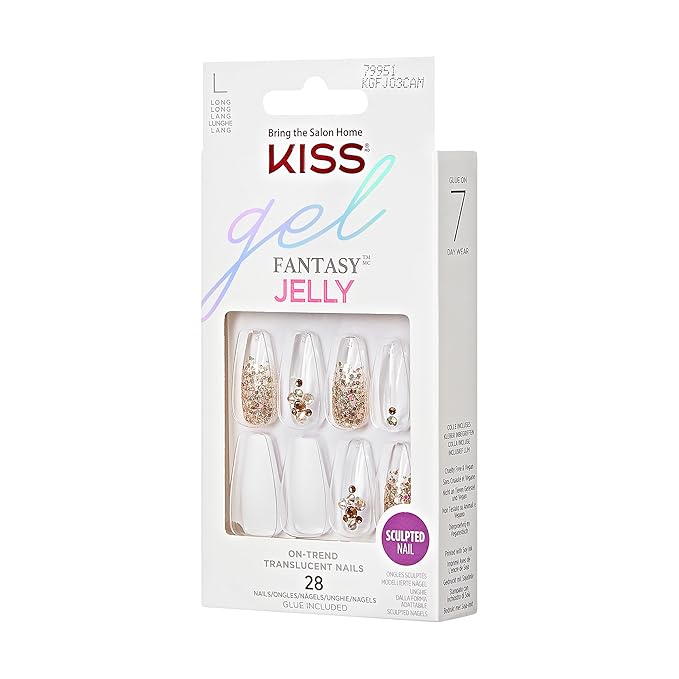 KISS Jelly Fantasy On-Trend Translucent, Long Sculpted Press On Fake Nails Kit, Style “Jelly Pop”, with Pink Gel Glue, Mini File, Manicure Stick, & 28 Glue On Nails