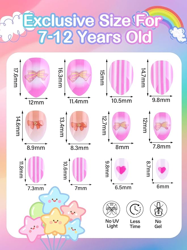 EBANKU 72Pcs Press on Nail Kids, 3 Pack Children Fake Nail Kit Full Cover Short False Fingernails with Nail Glue Nail Tools for Girl Nail Decoration