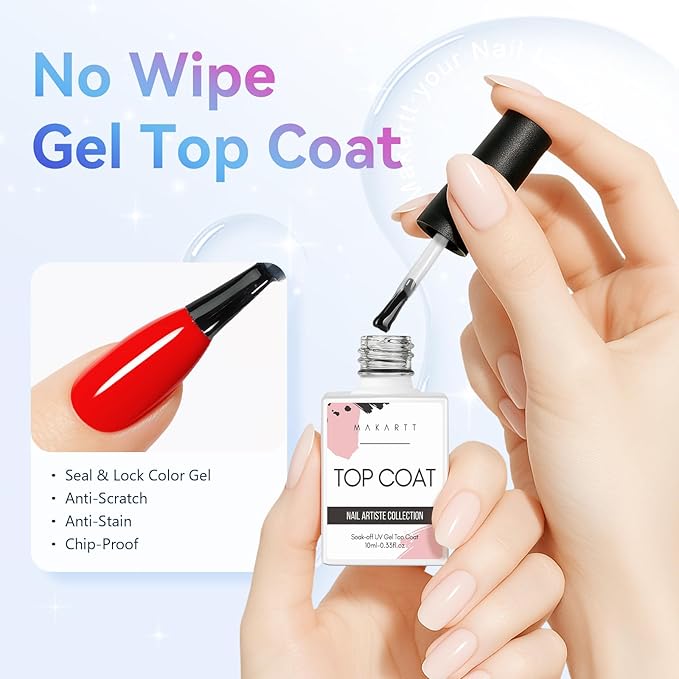 Makartt Gel Top Coat - 2 PCS No Wipe Top Coat Gel Nail Polish High Glossy Shine Finish Long Lasting, 10ML Clear Soak Off UV Nail Lamp, Salon Quality Art Design for Home Use Beauty Spring Gift